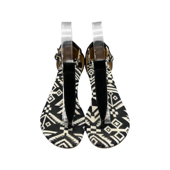 Toms Shoes - Toms Womens 7.5 Flat Sandals Canvas Tribal Thong Buckle T-Strap Black White